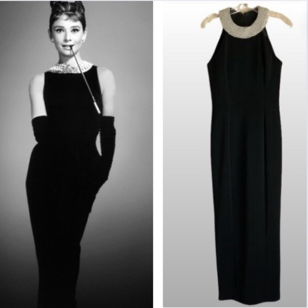 VTG Alex Evenings Black Halter Formal Gown Sz 8 Sheath Maxi Dress Pearl Collar